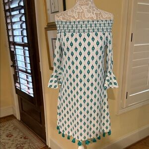 Cabana Life White and Teal Off-Shoulder Mini Dress